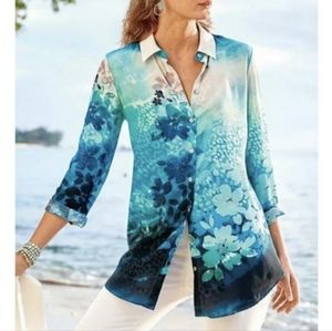 Soft Surroundings floral silk button down blouse Petite Large